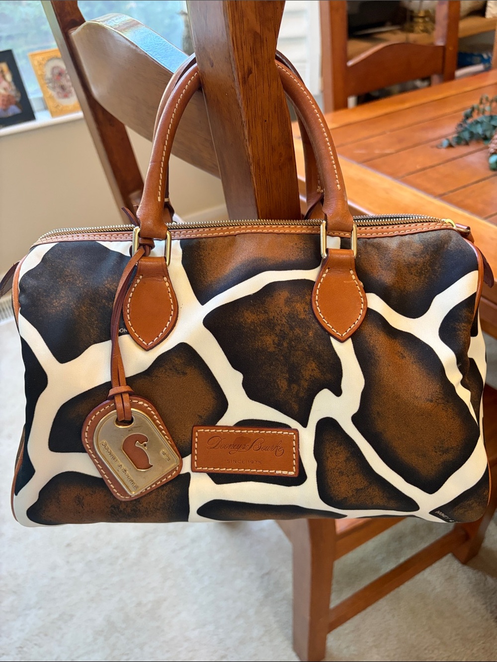 Dooney & Bourke Brown and White Giraffe Print Leather Duffel